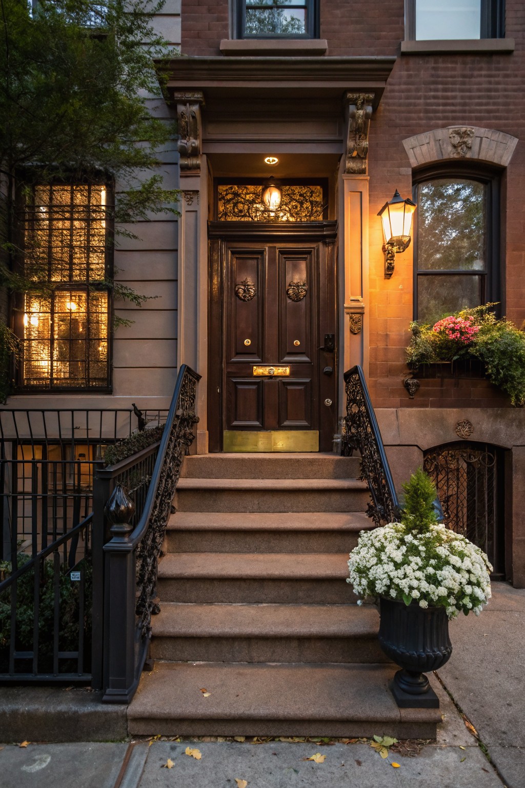 Brown brick townhouse facade with double dark wooden front doors, brass knocker and letterbox, illuminated lanterns, stone steps with black wrought-iron railing, potted plants, and window boxes.