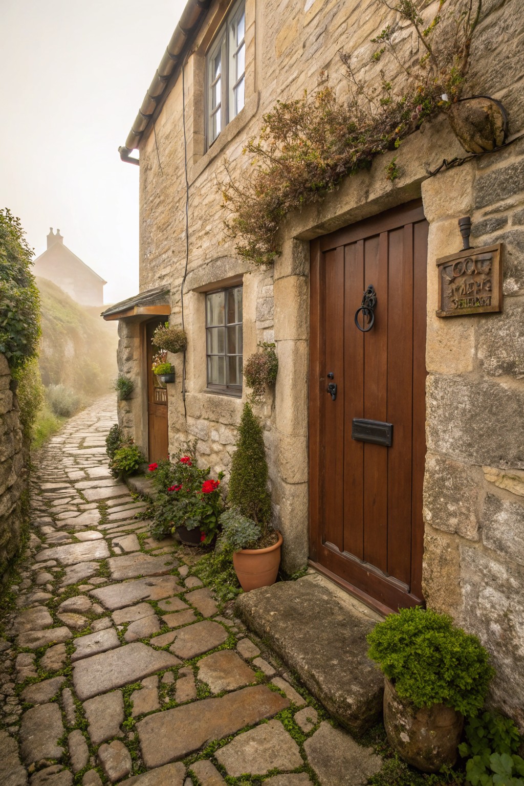 Misty stone cottage exterior featuring a dark brown wooden front door with black hardware, potted plants along a cobblestone path, and ivy-covered walls.