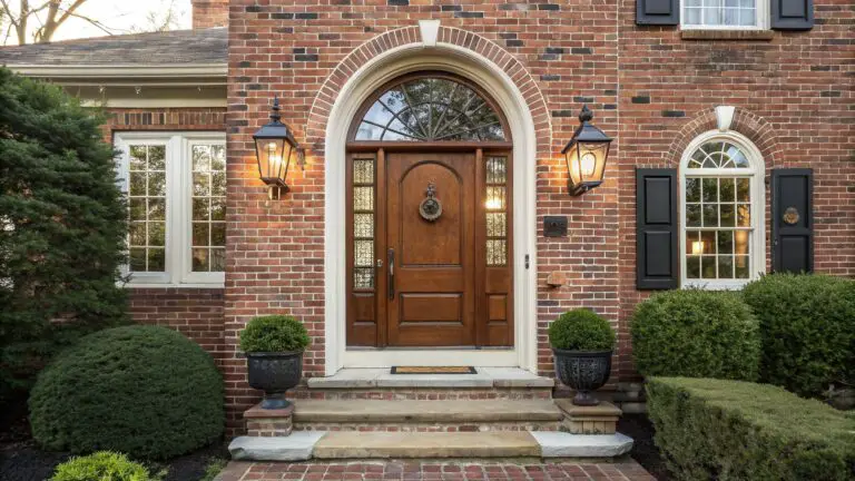 Brick house front entrance with arched doorway, dark wooden double door featuring brass knocker and letter slot, flanked by black lanterns, stone steps, potted shrubs, and iron railing.