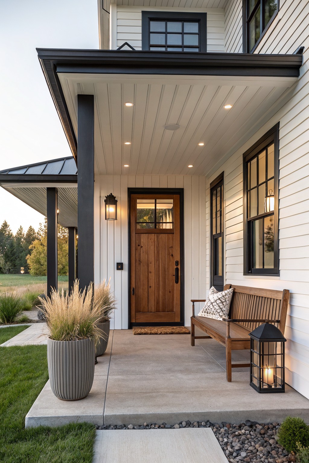 White shiplap-sided house exterior with black trim, featuring a rectangular wooden front door with glass panel, black metal porch posts, wooden bench with pillows, lanterns, potted grasses, and concrete porch surrounded by lawn and plantings.