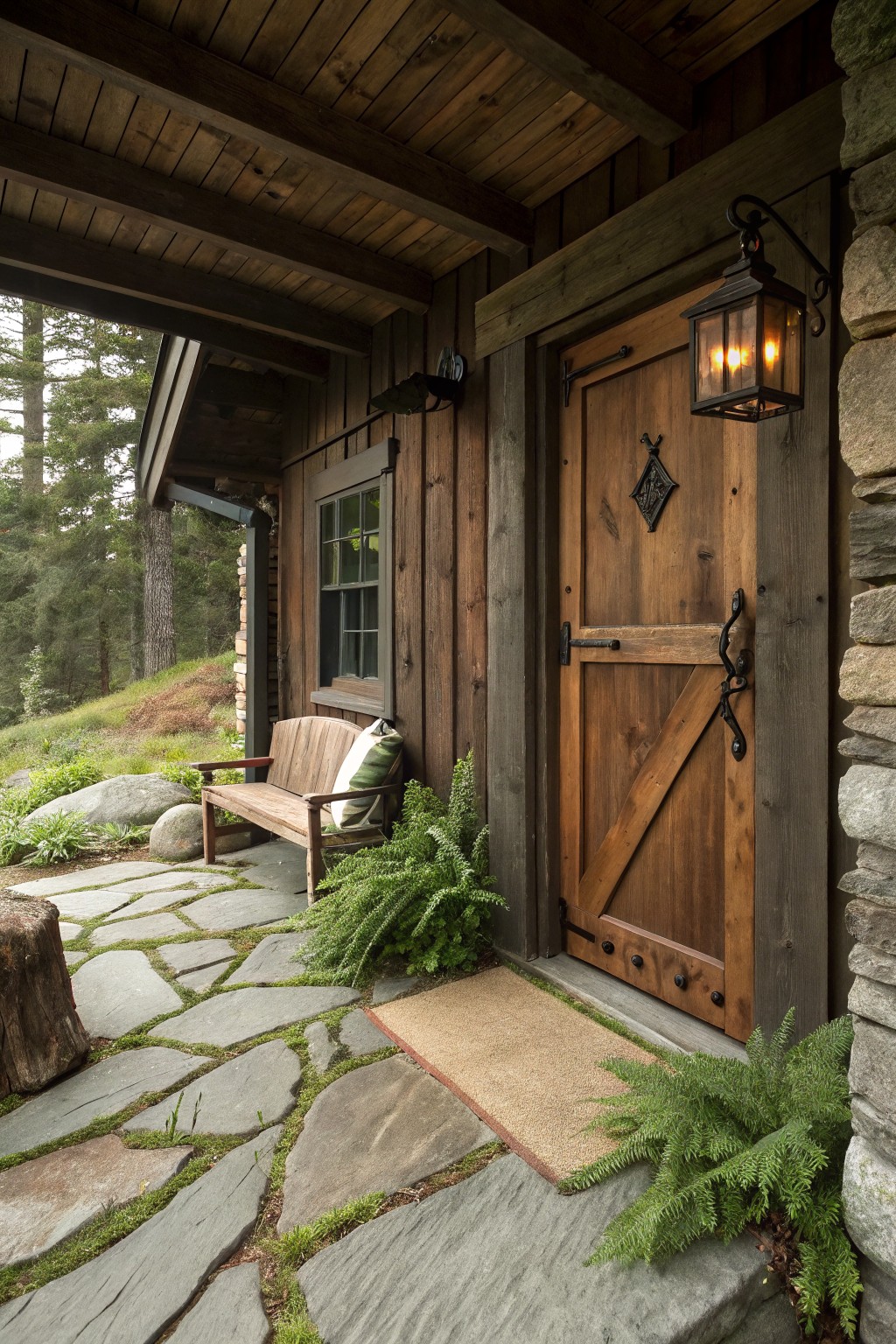 Rustic wooden cabin exterior with a large brown Z-paneled door featuring black iron hardware and latch, flanked by wall lanterns, a wooden bench with cushions, ferns, stone path, and surrounding forest trees.