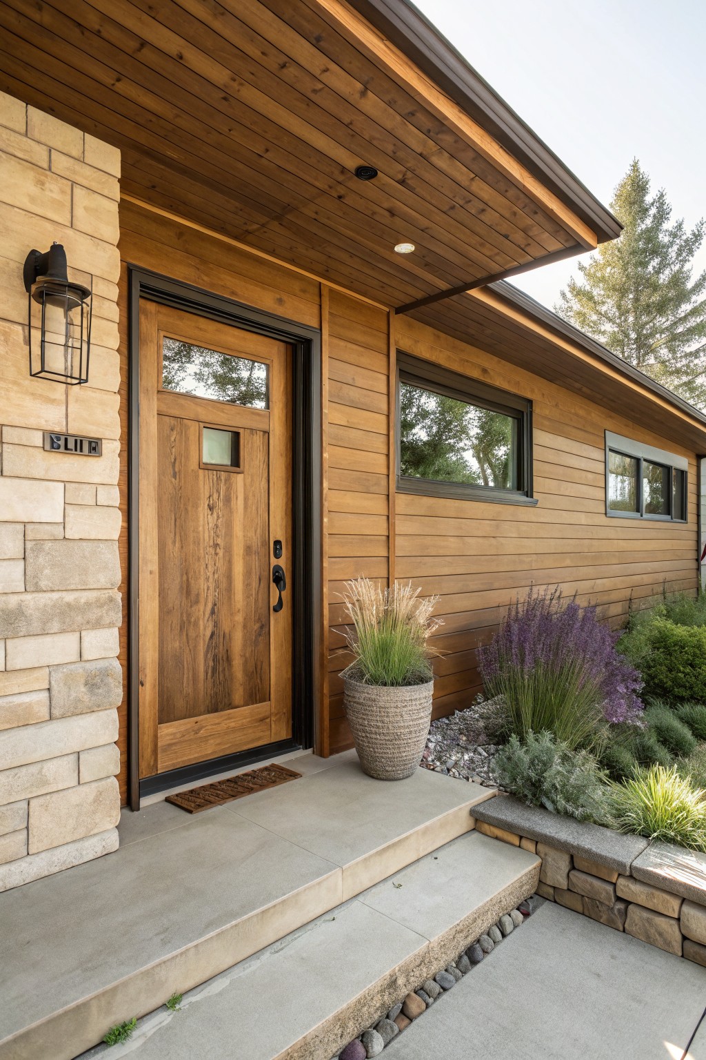 House exterior showing a brown wooden front door with glass panel, flanked by light stone wall and dark wood siding, concrete steps, potted grasses, and gravel landscaping.
