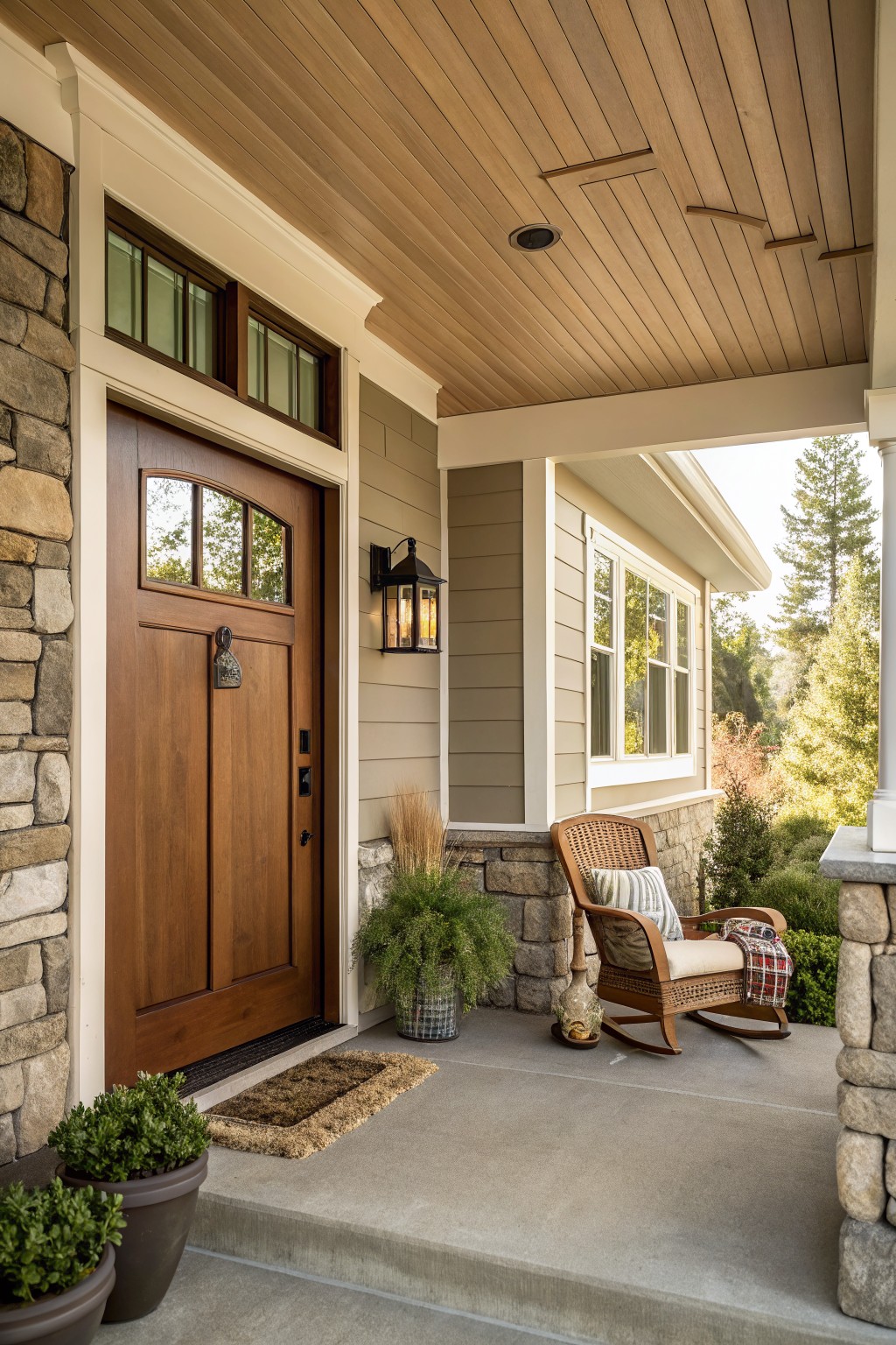 Front porch of a beige siding house with a brown wooden door featuring an arched glass panel, flanked by stone pillars, wall lanterns, potted plants, a wicker rocking chair with plaid blanket, and a door mat on concrete steps.