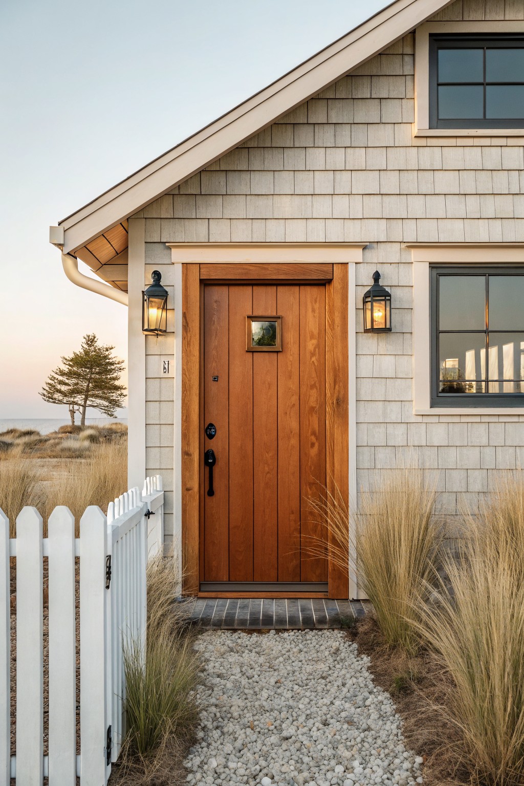 Close-up view of a brown wooden front door with a small glass window on a beige shingle-sided house corner, flanked by black lanterns, next to a black-framed window, with a white picket fence, gravel path, tall grass, and distant dunes at dusk.