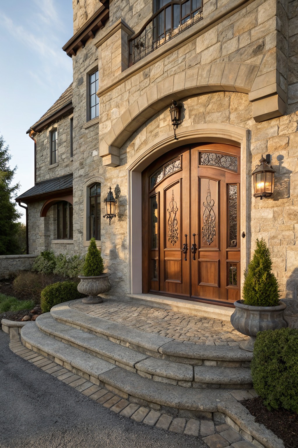 Stone house exterior with arched entryway featuring double wooden doors, lanterns, stone steps, and potted topiary plants.