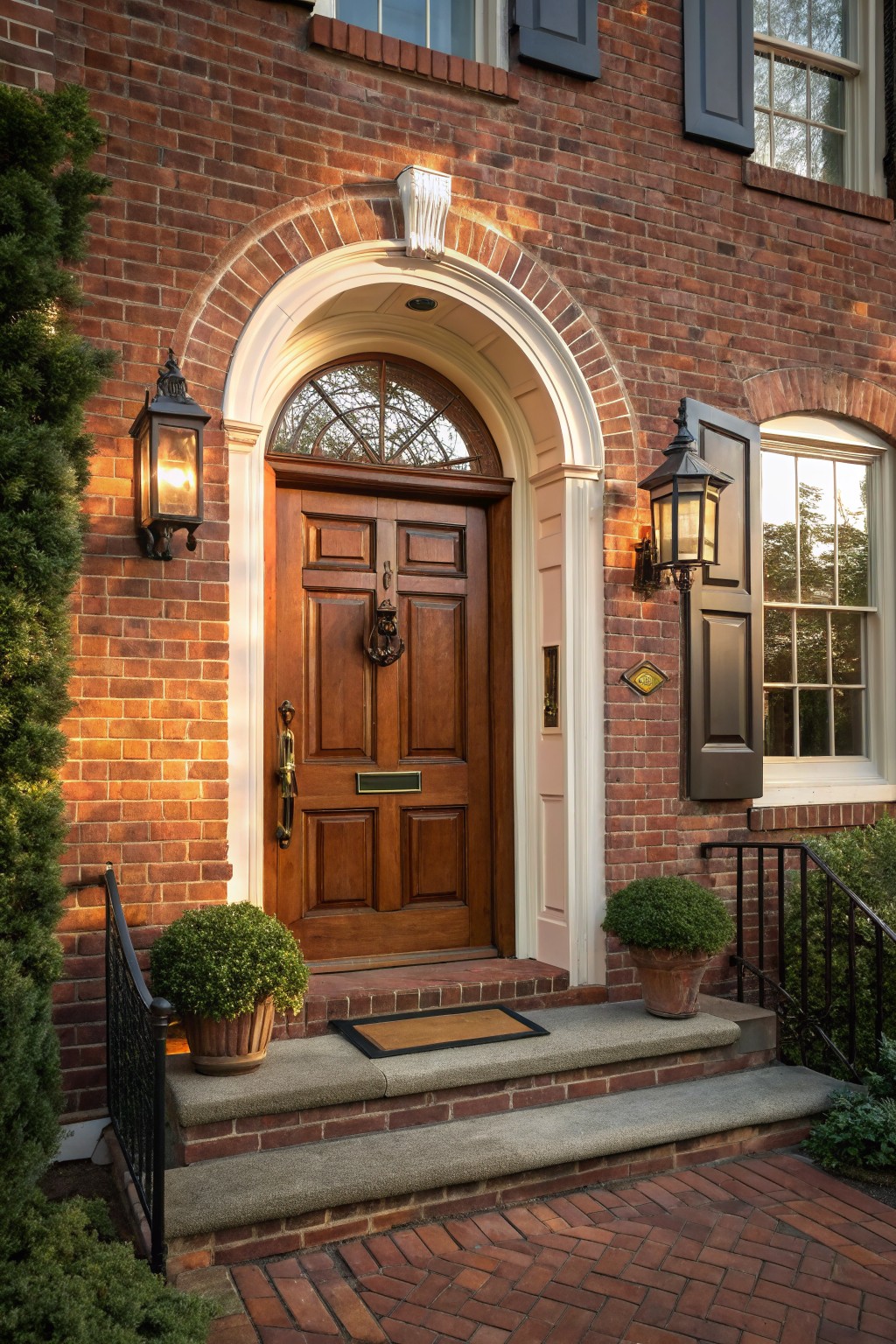 Brick house front entrance with arched doorway, dark wooden double door featuring brass knocker and letter slot, flanked by black lanterns, stone steps, potted shrubs, and iron railing.