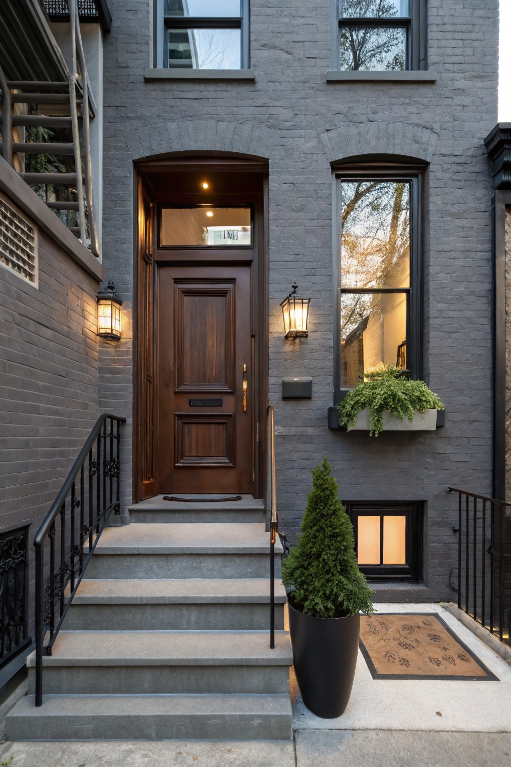 Dark gray brick townhouse exterior with a paneled wooden front door, black lanterns, concrete steps with railing, potted evergreen tree, window box planter, and doormat.