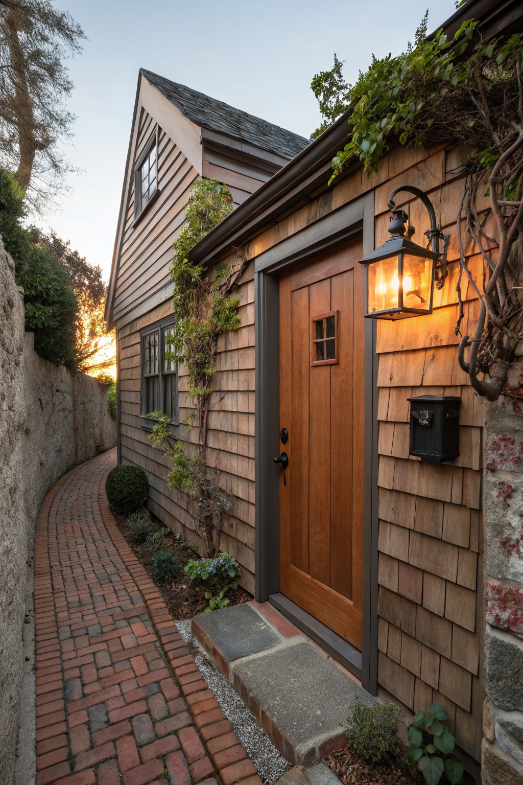 Brown shingled house exterior with wooden entry door, metal lantern light, brick pathway, stone wall, ivy vines, and plants along a narrow walkway at sunset.