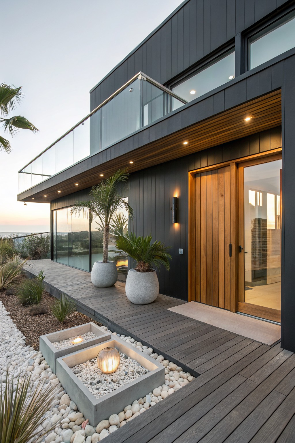 Modern house exterior featuring black vertical cladding, a tall warm wooden entry door with glass panel, glass balcony railing above, dark wood deck, large potted palms, and pebble-filled concrete planters with lights.