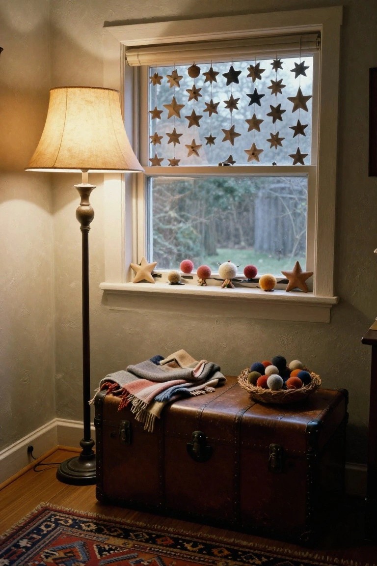 Interior corner with floor lamp, vintage trunk covered in blankets, woven basket of multicolored wool balls on trunk, felt star ornaments on windowsill and hanging from window shade, view of woods outside.