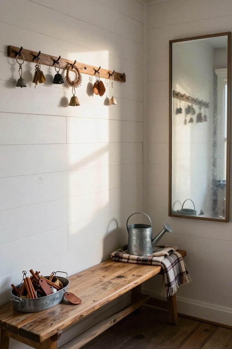 White shiplap entryway corner with wooden peg rail holding assorted bells and small hanging items, wooden bench holding metal bucket of cinnamon sticks and plaid blanket, metal watering can nearby, and tall framed mirror on adjacent wall.