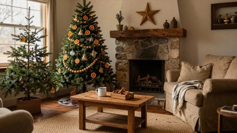 22 Rustic Christmas Ornament Ideas That Add Cozy Farmhouse Vibes Living room corner with a lit evergreen Christmas tree decorated with dried orange slice garlands, wooden beads, and assorted ornaments, positioned beside a stone fireplace and a beige sofa with pillows and throws.