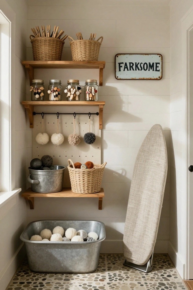 Cozy interior of a farmhouse laundry room featuring wooden shelves with jars of wooden beads, woven baskets, hanging wool pompoms, galvanized metal tubs filled with white yarn balls and wool pompoms, and a freestanding ironing board on a pebble tile floor.