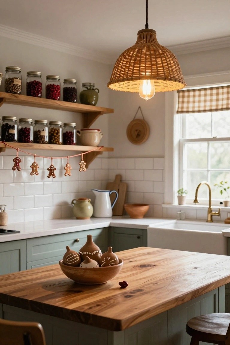 Kitchen with sage green cabinets, wooden island topped by a bowl of decorative clay items, open wooden shelves holding jars of berries and spices plus a garland of gingerbread man ornaments, white subway tile backsplash, and rattan pendant light.
