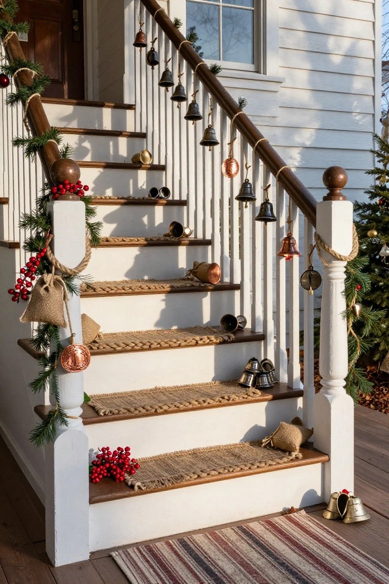 White clapboard house front porch with wooden stairs and railings decorated for Christmas using hanging bells in brass, copper, and black, evergreen garlands, berry clusters, seagrass mats, and rope-tied ornaments.