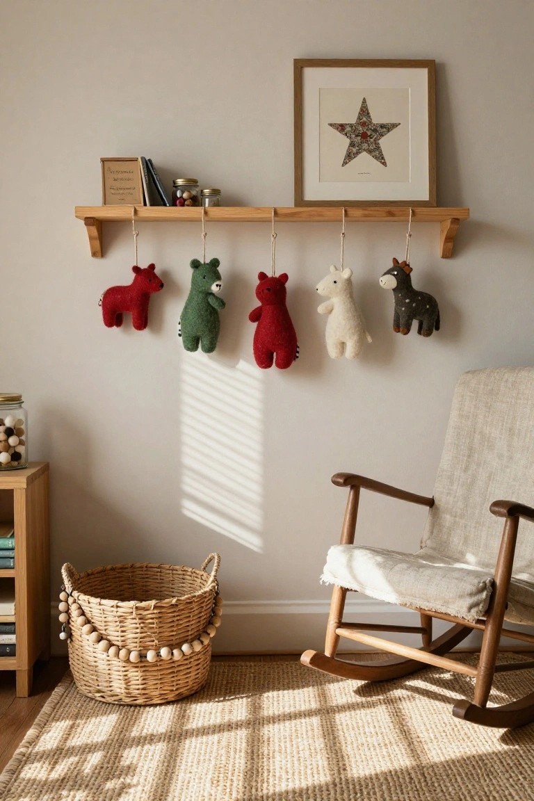 Wooden wall shelf holding jars and books with five colorful felt animal figures hanging from ropes including red and green donkeys, green and red bears, white sheep, and gray donkey, next to a framed star print, wooden side table with jars, woven basket with beads, and beige rocking chair on seagrass rug in beige room with window light.