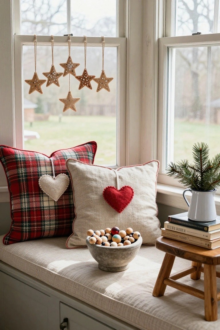 Window seat with red plaid and cream pillows, a hanging white felt heart, red felt heart on pillow, bowl of multicolored wooden beads on bench, stack of books on wooden stool, small Christmas tree sprig in white pitcher, and multiple tan gingerbread star ornaments hanging from twine on window rod, with view of yard and trees outside.