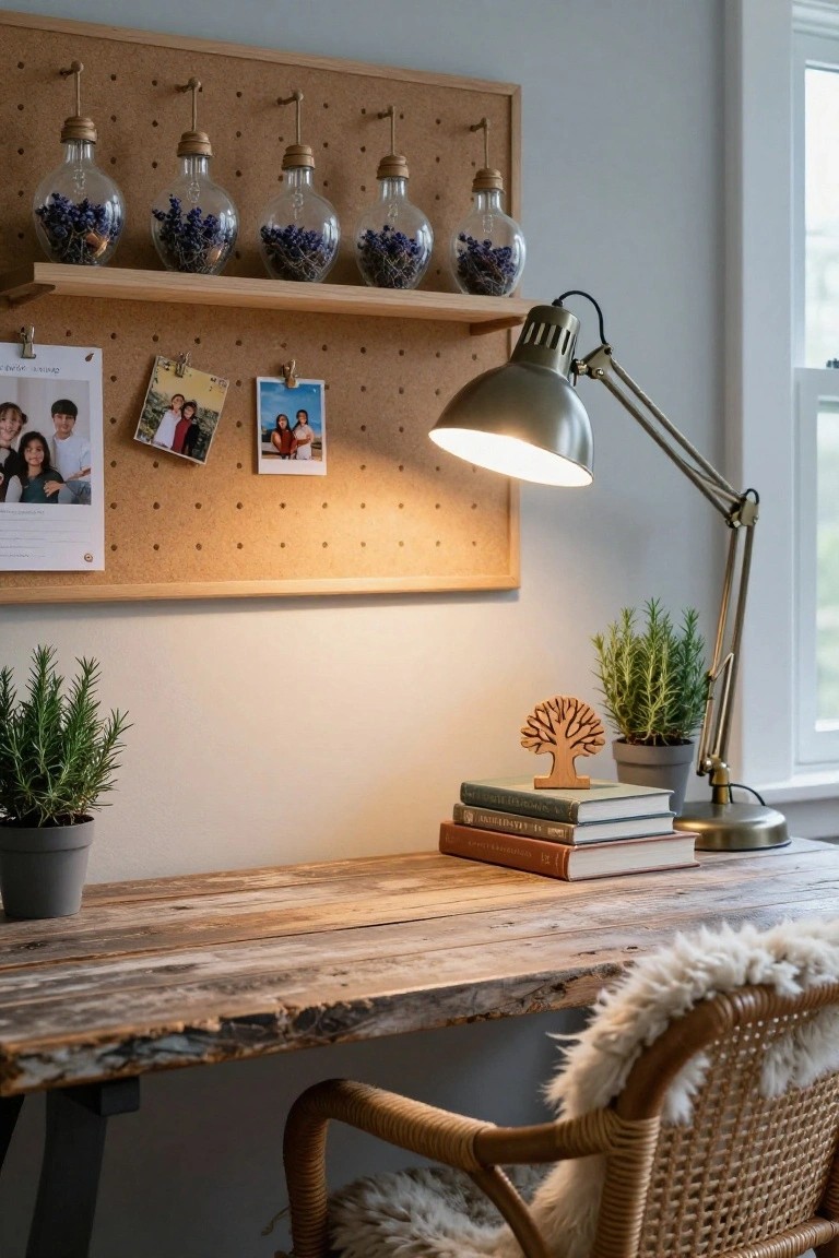 Cozy indoor workspace featuring a rustic wooden desk with stacked books, wooden tree ornament, desk lamp, potted rosemary plants, rattan chair with sheepskin cushion, and a corkboard wall displaying pinned family photos and hanging glass bulb containers filled with dried lavender bundles.