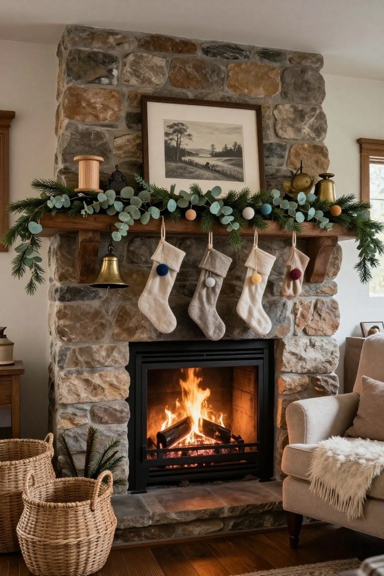 Cozy living room with a stone fireplace, stockings, and festive greenery.