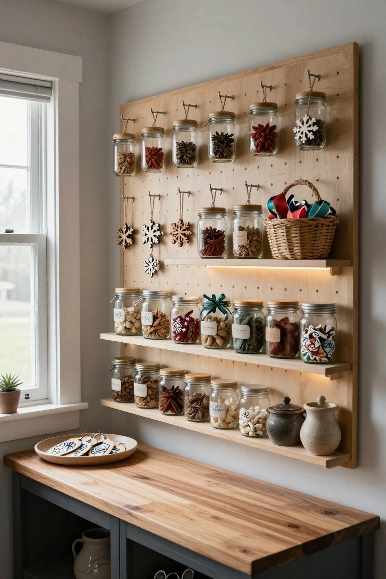 Wooden pegboard wall in a light gray kitchen holding hanging glass jars filled with spices, nuts, and ornaments, wooden shelves stocked with more jars and pottery, under-shelf lighting, wooden snowflake decorations, wicker basket, and wooden workbench with plate below.