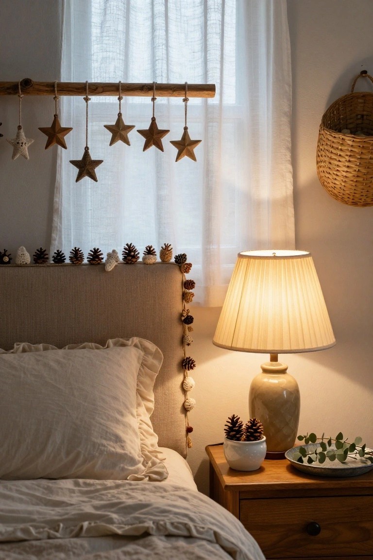 Bedroom headboard decorated with a garland of pinecones and small knitted elements, wooden star ornaments hanging from a branch near a sheer-curtained window, bedside table with lamp, potted pinecones, and eucalyptus leaves.