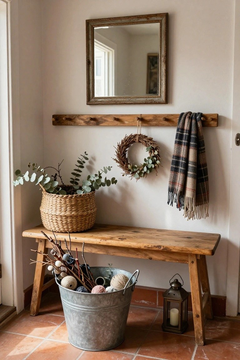 Cozy entryway featuring a wooden bench, mirror, potted eucalyptus, wreath, and decorative lantern.