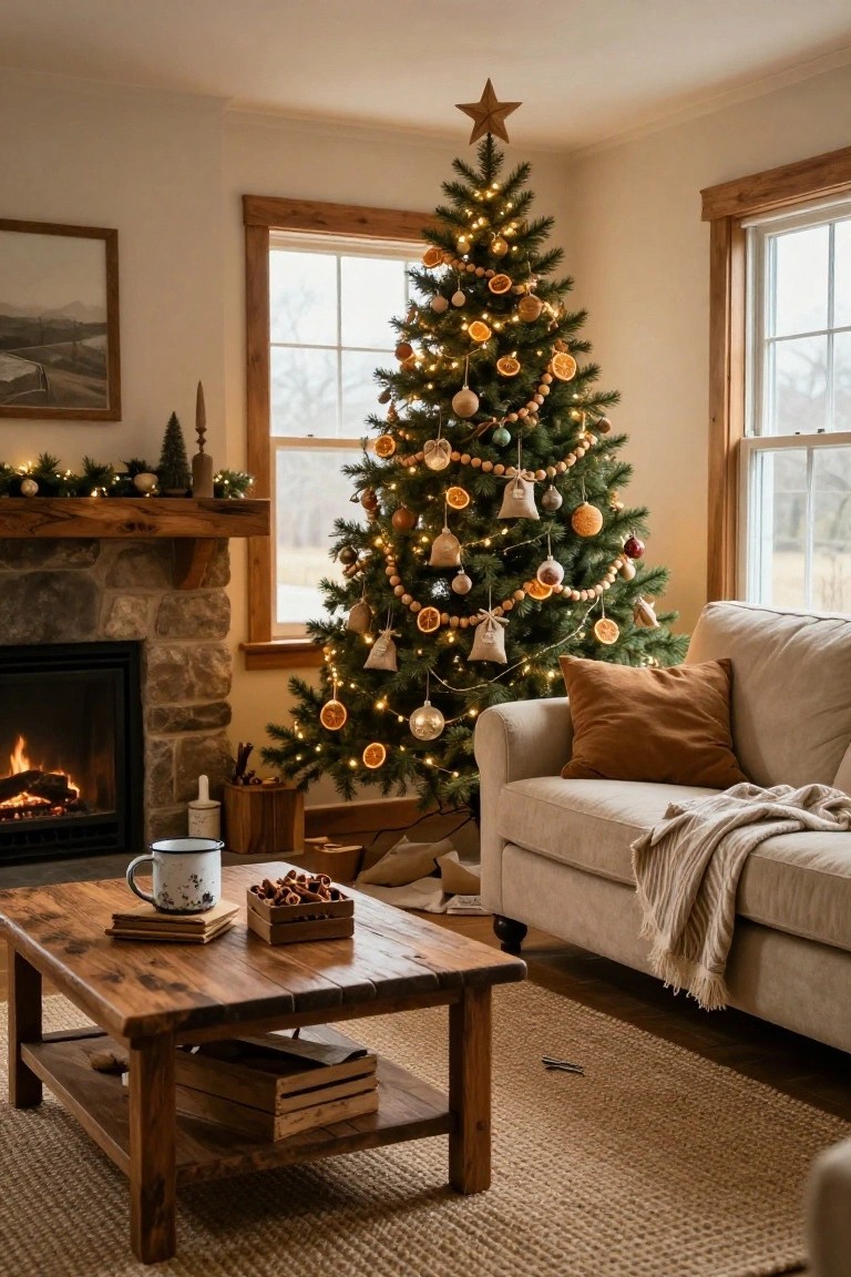 Living room corner with a lit evergreen Christmas tree decorated with dried orange slice garlands, wooden beads, and assorted ornaments, positioned beside a stone fireplace and a beige sofa with pillows and throws.
