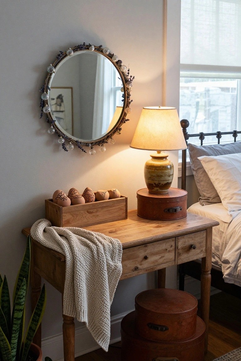 Wooden table with a lamp, mirror, eggs in a box, and a cozy blanket.