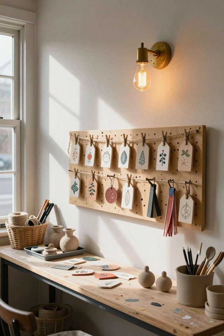 Wooden pegboard on a white wall displaying assorted hanging white tags with Christmas motifs like trees, leaves, and ornaments using twine and clips, beside a wooden desk holding pottery, brushes, and paper in a sunlit room.