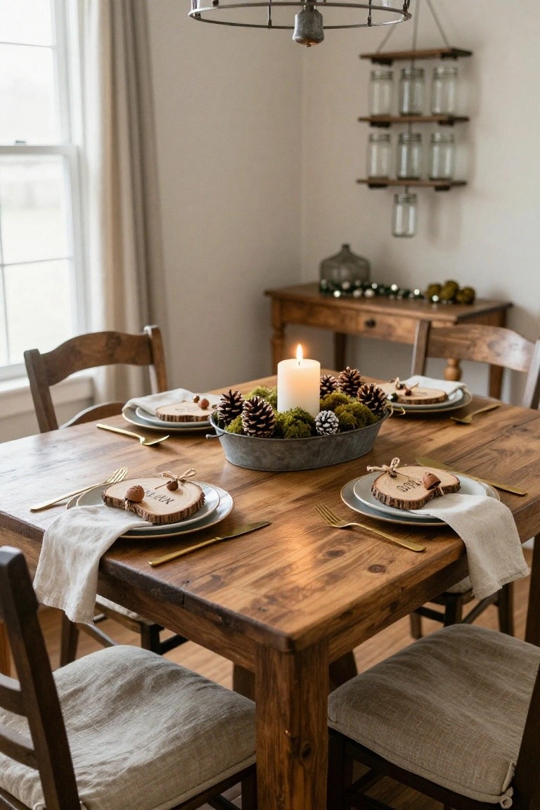 Wooden farmhouse dining table set for four with a central galvanized bucket centerpiece containing moss, pinecones, and a white pillar candle, place settings featuring wood slice tags labeled LOVE and JOY, gold flatware, linen napkins, and wooden chairs.