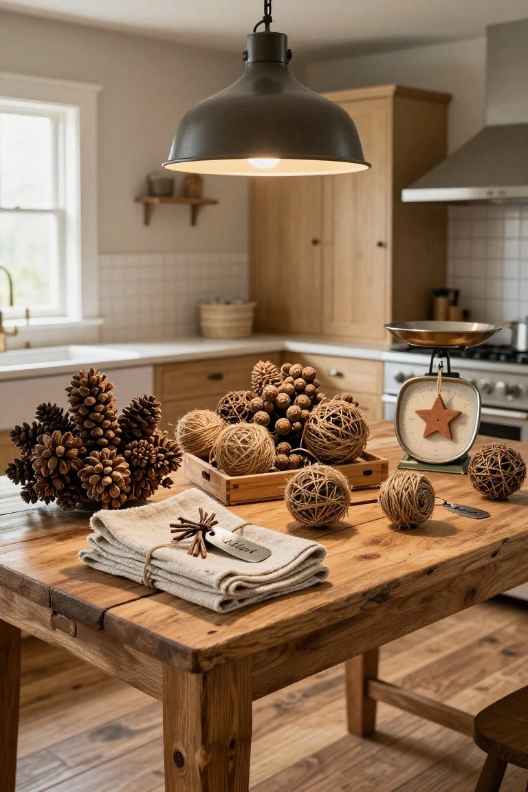 Wooden kitchen table with tall clusters of pinecones, rattan balls in a wooden crate, folded linen towels tied with twine, and a vintage scale with star ornament on nearby counter.
