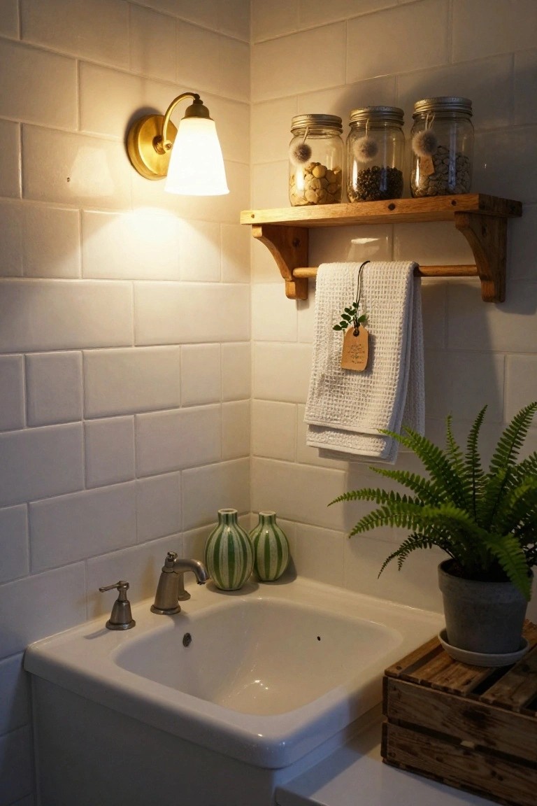 Corner of a white subway-tiled bathroom with a white sink and brass faucet, rustic wooden floating shelves holding mason jars filled with pom poms, beans, seeds, and coins, a white towel hanging from the shelf with a plant tag, green striped vases, a potted fern, and a wooden crate on the floor.