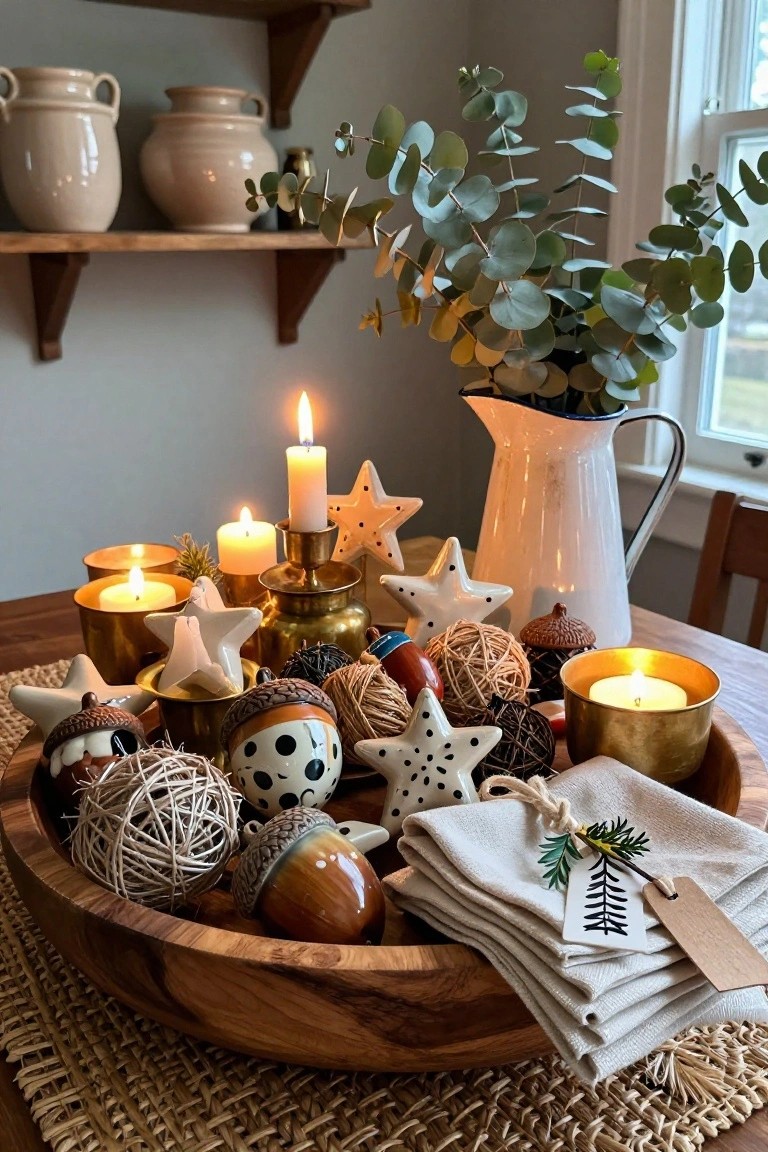 Wooden bowl on a seagrass placemat filled with ceramic acorns, stars, textured balls, and candles on a wooden table, with brass holders, eucalyptus branches, and white pottery nearby.