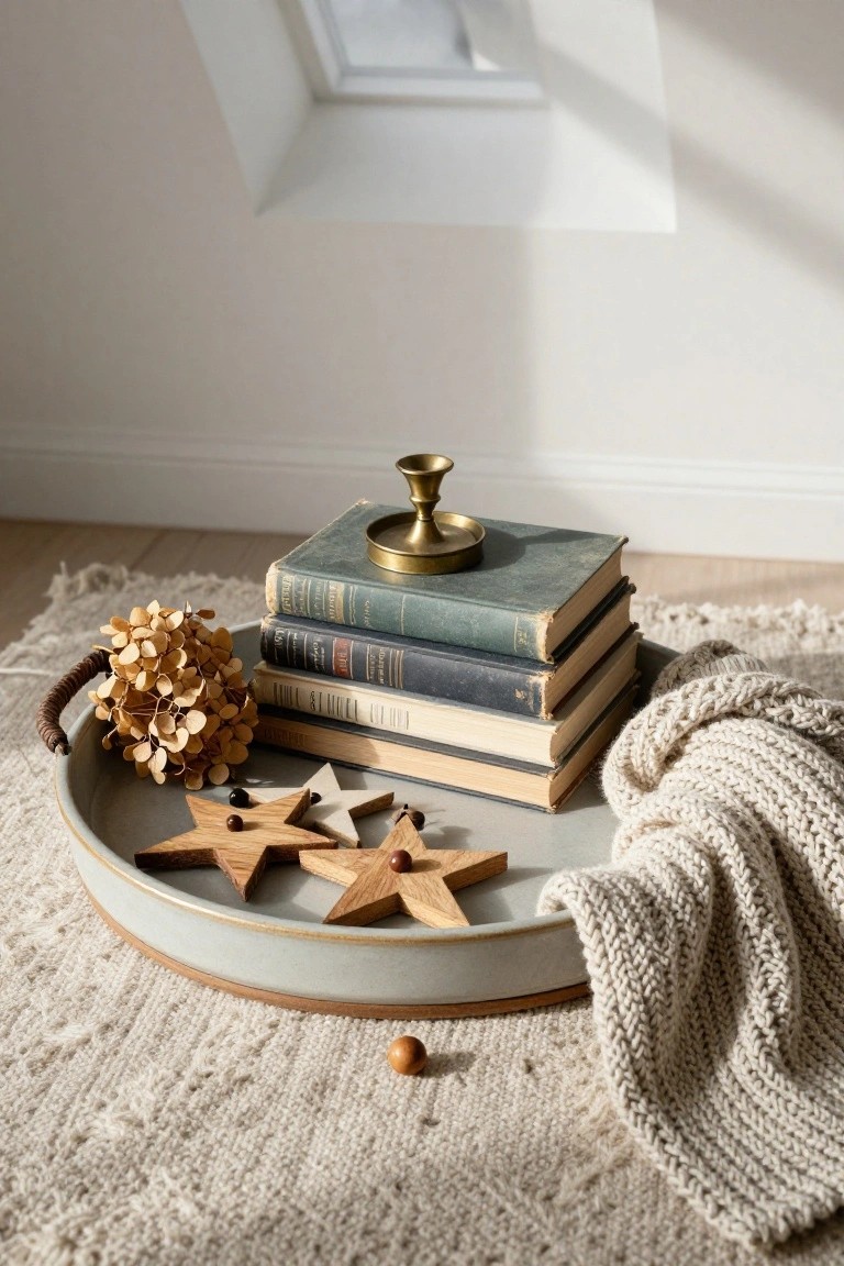 Gray ceramic tray on a white fringed rug holds three wooden star ornaments, dried hydrangea bouquet, stacked vintage books topped with brass candlestick, wooden beads, and a cream knit blanket nearby on light wood floors under skylights.