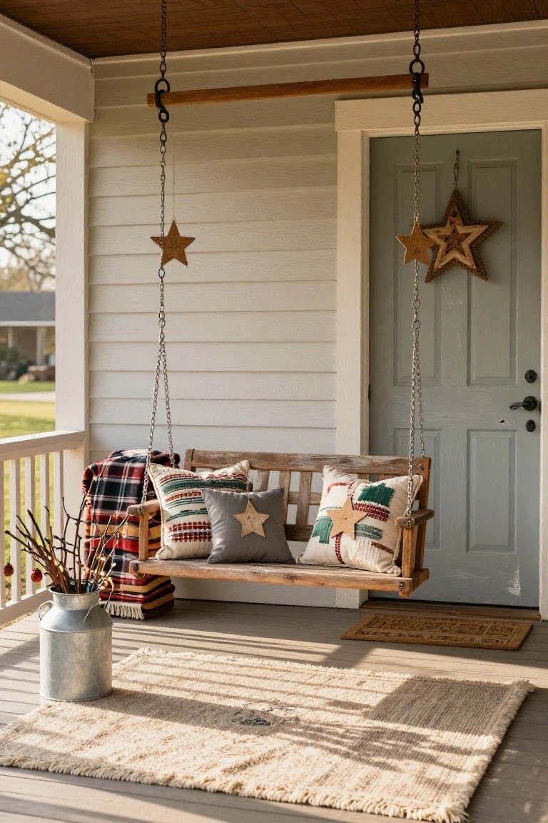 A wooden porch swing with plaid blankets, patterned pillows, and hanging wooden star ornaments, next to a galvanized milk can holding branches on a covered porch with a green door.