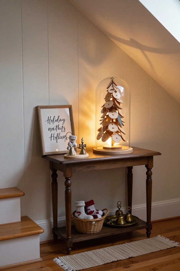 Cozy interior corner with wooden side table holding a lit glass-domed Christmas tree made of wooden discs, knit stockings in a basket, brass bells on a plate, and a framed "Holiday Wreaths & Mistletoe" sign next to stairs.