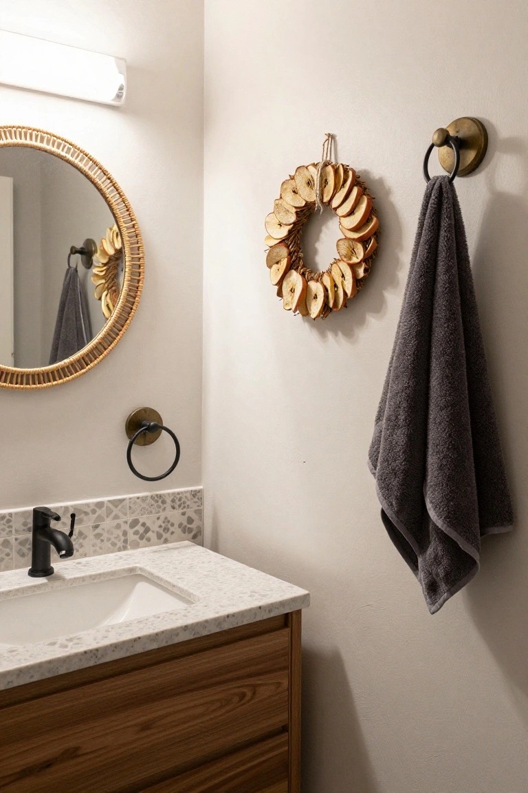 Bathroom corner showing a round rattan mirror, white rectangular sink on quartz countertop with black faucet, wooden vanity cabinet below, brass towel ring on wall, gray towel on brass hook, and wreath of dried apple slices hanging beside it.