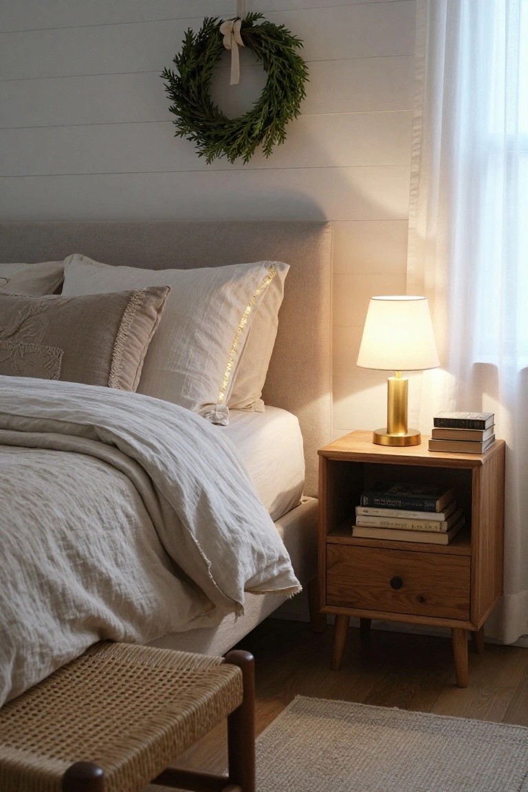 Cozy bedroom with white shiplap wall displaying a green evergreen wreath above a bed dressed in white linens, beside a wooden nightstand holding a brass lamp and stacked books, with a rattan stool nearby.