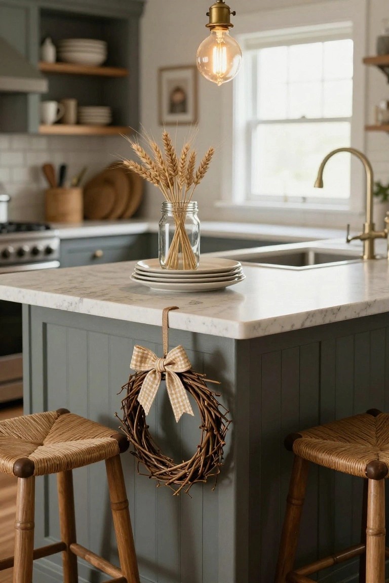 A grapevine wreath with a yellow gingham bow hangs from a hook on the side of a sage green kitchen island topped with white marble, flanked by rattan bar stools, with wheat stalks in a jar on the counter.