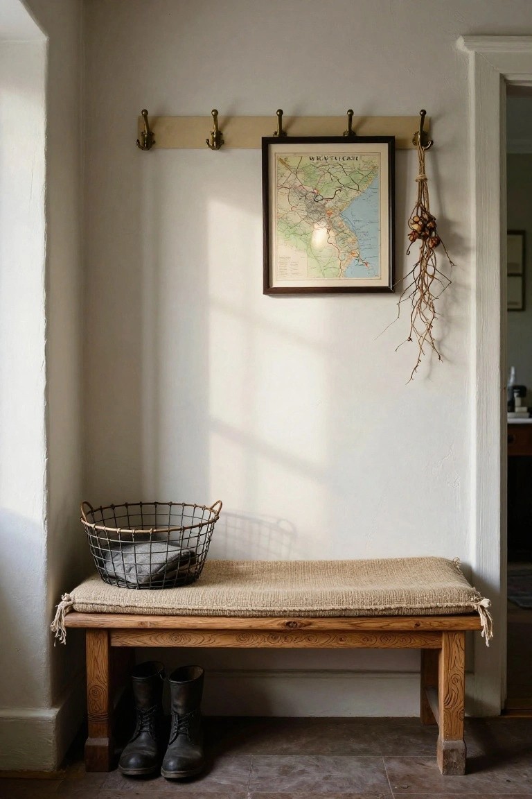 Light beige interior entryway with brass coat hooks on a wood strip mounted on the wall, framed vintage map below one hook, dried branches and nuts hanging from string, wooden bench with beige cushion below, wire basket holding gray blanket beside bench, pair of black leather boots in front, open door to another room, natural light from side window.