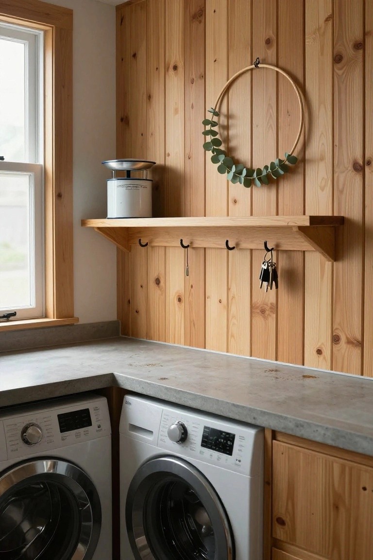 Wood-paneled laundry room with two white front-loading washers, gray concrete countertop, wooden shelf holding a scale and canister with keys on hooks below, and a eucalyptus wreath on the wall near a window.