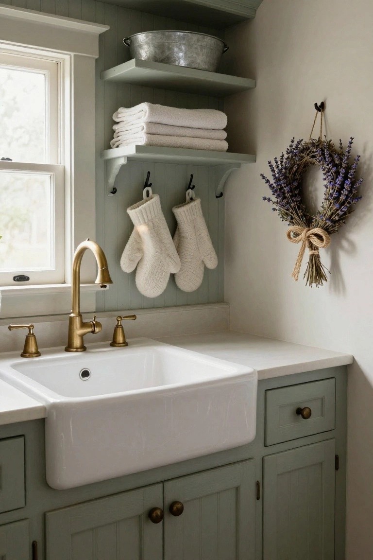 Sage green kitchen with white farmhouse sink, gold faucet, open shelves holding towels and galvanized bucket, white oven mitts on hooks, and dried lavender wreath hanging on the wall nearby.