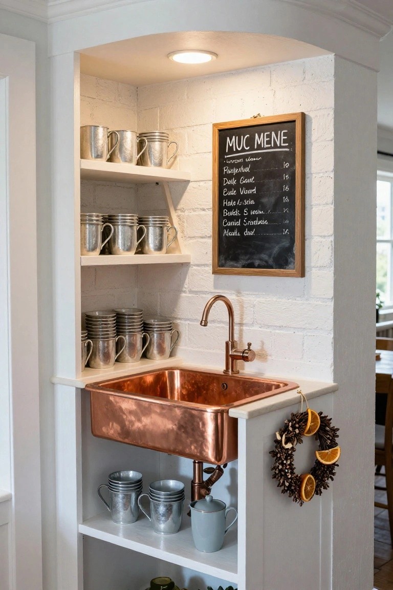 White kitchen nook with arched brick wall, open shelves holding stacked mugs and cups, copper farmhouse sink, brass faucet, chalkboard menu on wall, and pinecone wreath with dried orange slices hanging on cabinet door.
