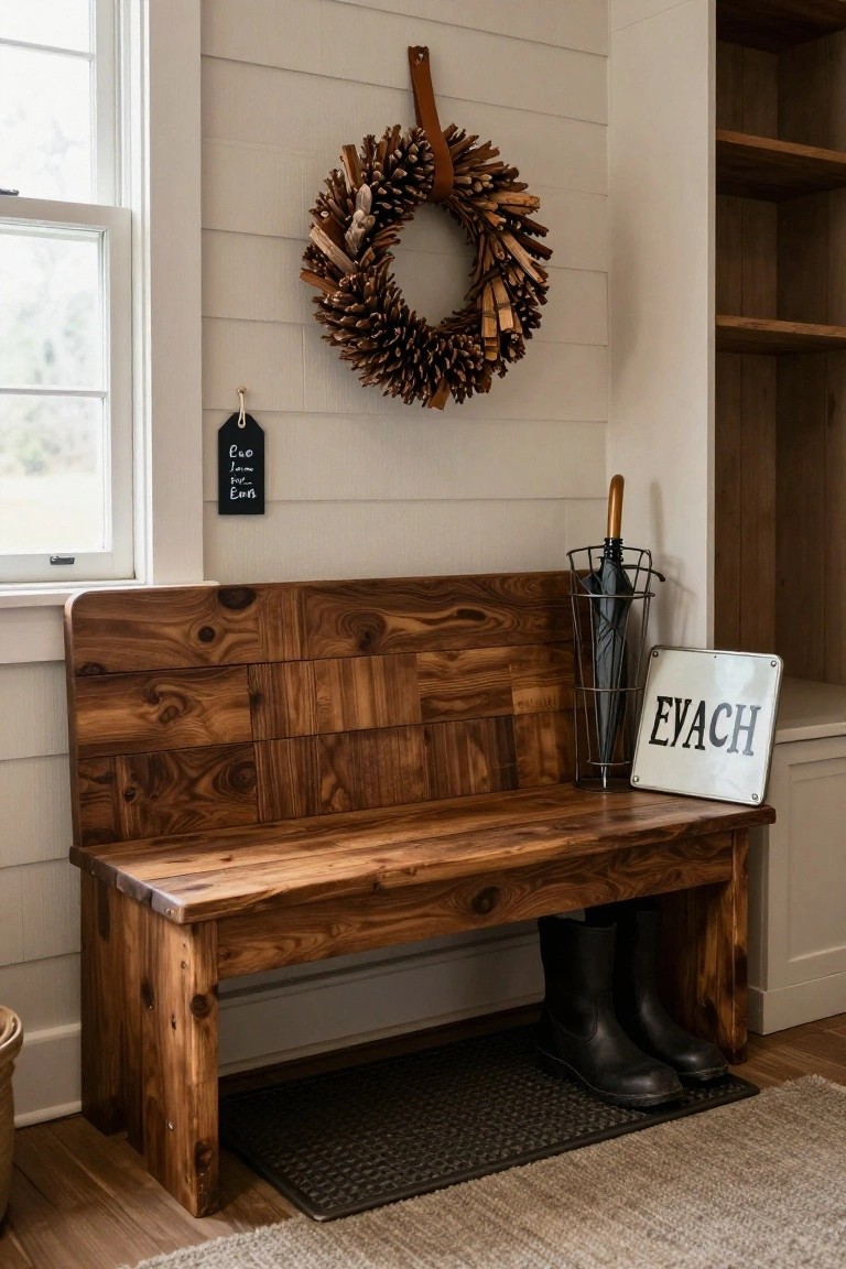 Rustic wooden bench in an indoor entryway under a large pinecone wreath on white shiplap wall, next to umbrella stand with black umbrella, black boots on floor mat, and metal sign reading EVACH.