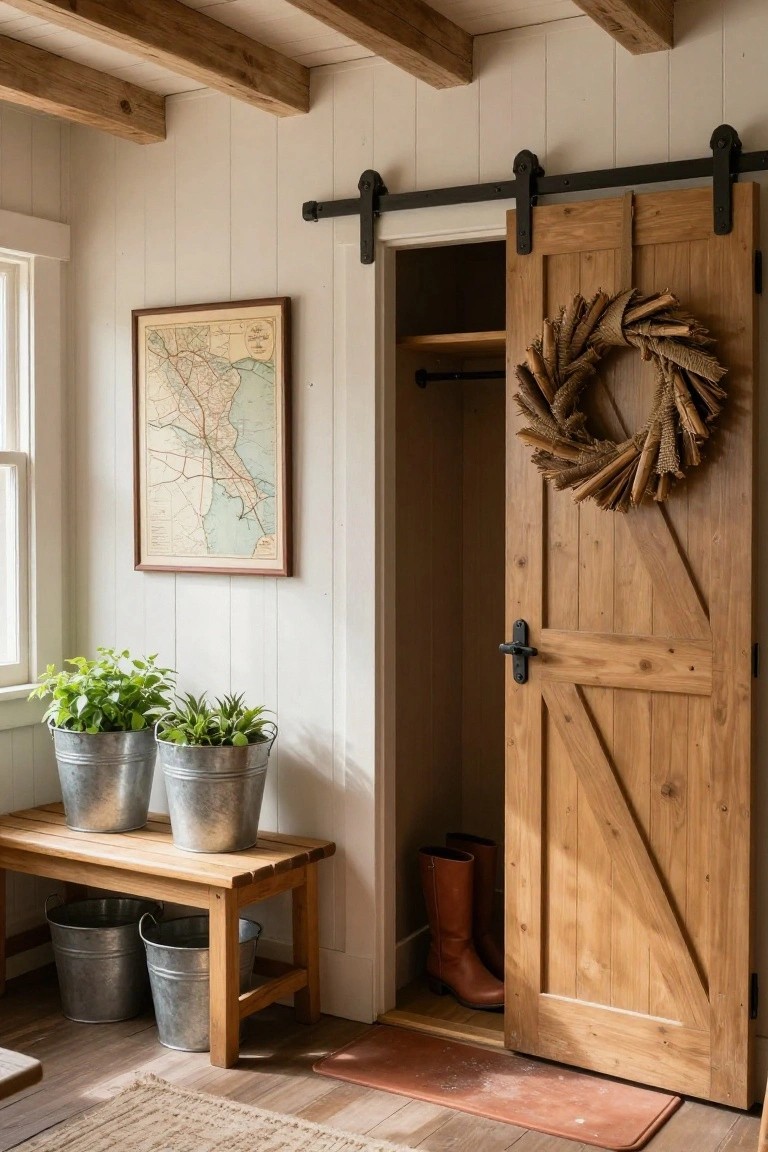 Wooden sliding barn door partially open to a closet with boots inside, decorated with a wreath of wheat stalks and reeds, beside a wooden bench holding metal buckets with plants.