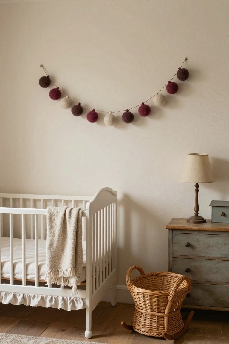 Nursery corner with white crib draped in cream blanket, maroon and cream wool ball garland hanging on beige wall above crib, table lamp and dresser nearby, wicker basket on wood floor