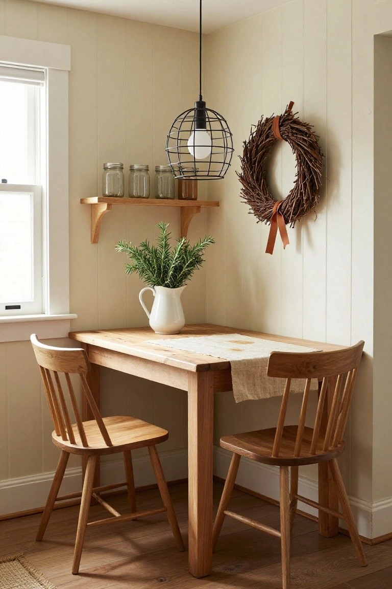Cozy interior kitchen nook with beige shiplap walls, wooden table and two spindle-back chairs, glass jars on floating shelves, white pitcher of rosemary on table, caged pendant light overhead, and large twig wreath with leather bow on wall.