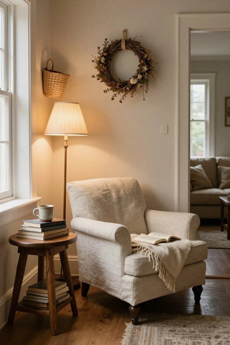Interior corner of a room featuring a cream linen armchair with open book and blanket, wooden side table stacked with books and a mug, floor lamp, wall basket, and dried flower wreath on the wall near a doorway.