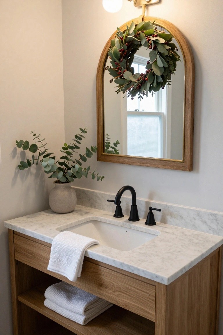 Arched wooden mirror with eucalyptus and red berry wreath above a white marble bathroom vanity featuring black faucet, oak cabinetry, white towels, and potted eucalyptus branches.