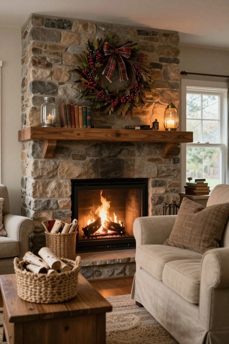 Rustic Wreath on Stone Fireplace Mantel